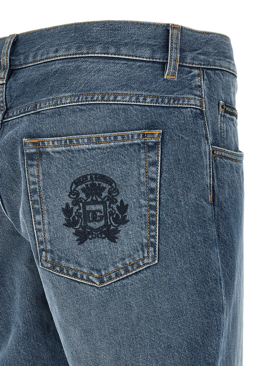 Dolce & Gabbana Heraldic Embroidery Jeans For Women, 100% Cotton Luxurious Stonewashed Denim, Straight Leg