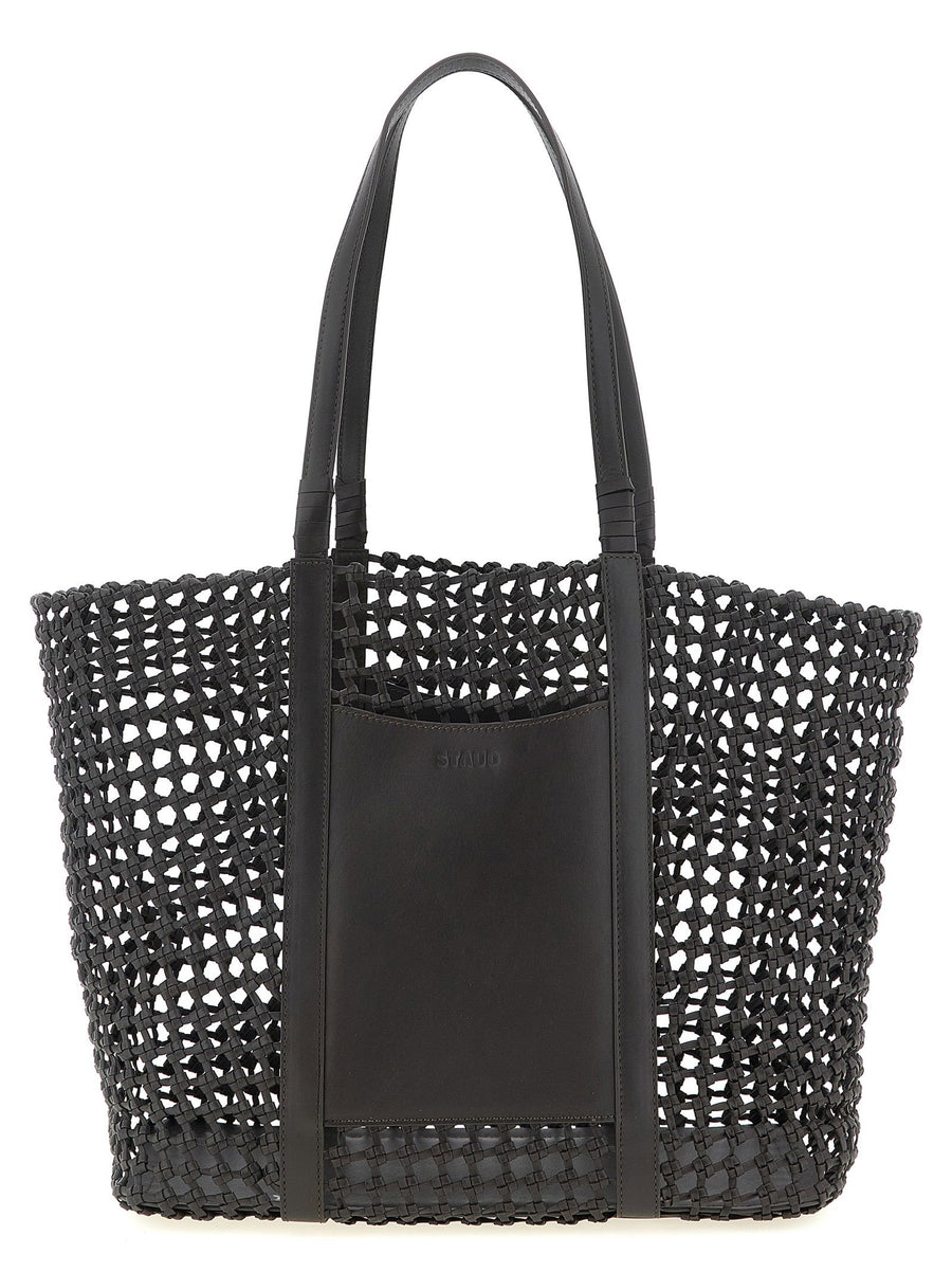 Staud Getaway Leather Shopper Bag For Women With Removable Clutch Front Pocket Handwoven Structured Design