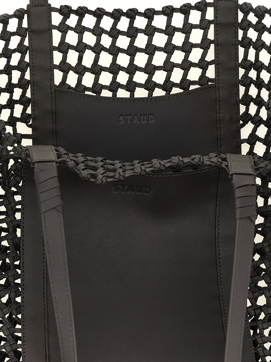 Staud Getaway Leather Shopper Bag For Women With Removable Clutch Front Pocket Handwoven Structured Design