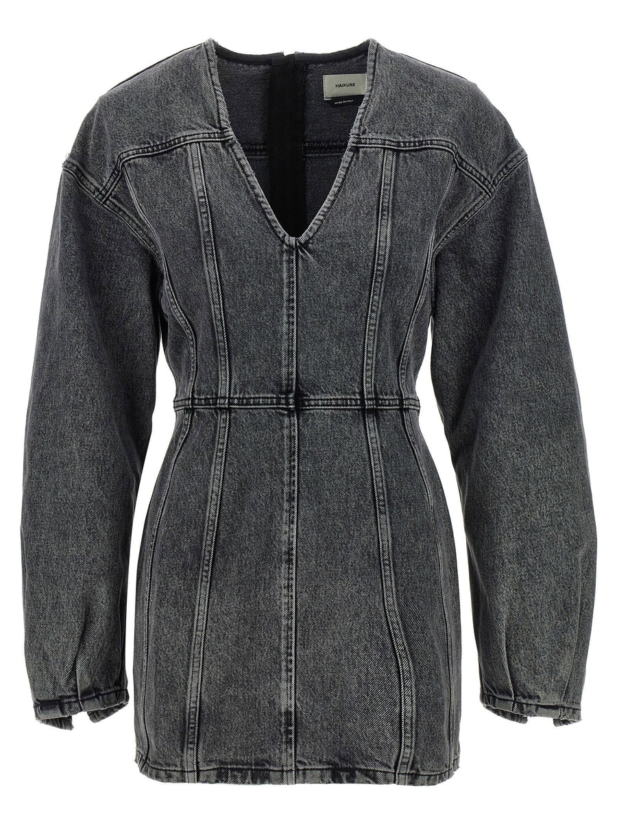 Haikure Gray Cotton Denim Dress V Neck Mini With Back Zip For Everyday Women Wardrobe Essential