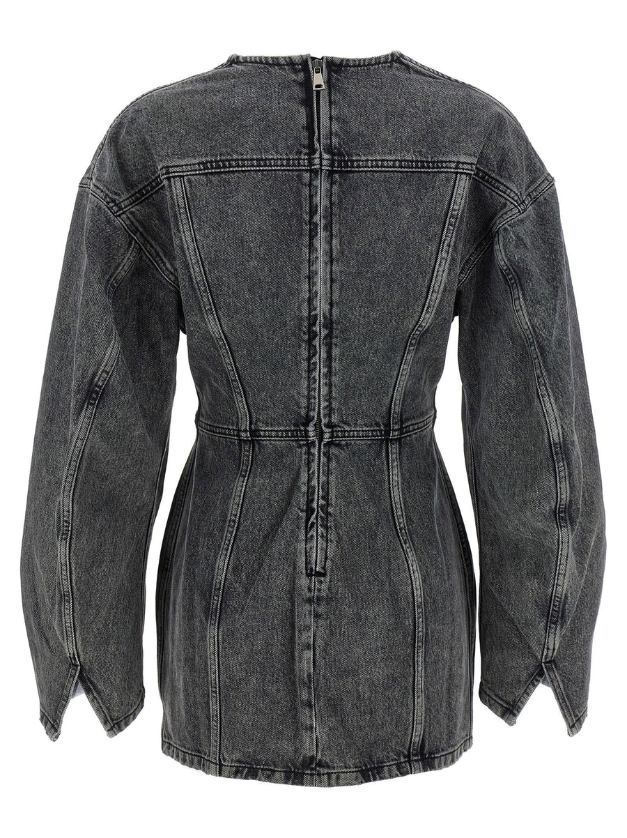 Haikure Gray Cotton Denim Dress V Neck Mini With Back Zip For Everyday Women Wardrobe Essential