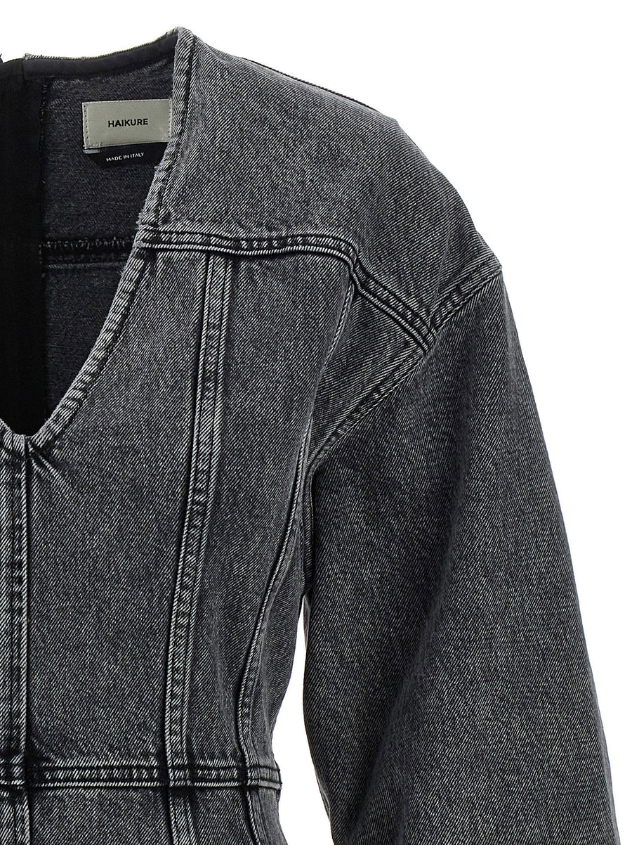 Haikure Gray Cotton Denim Dress V Neck Mini With Back Zip For Everyday Women Wardrobe Essential