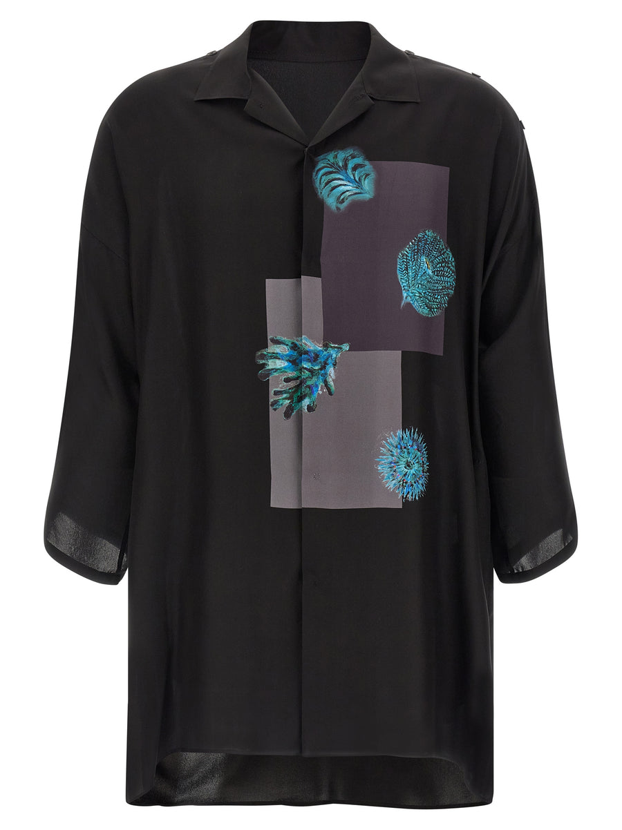 Luxurious Yohji Yamamoto Silk Shirt For Men With 12 Momme Satin Silk Front Snap Marine Inkjet Print