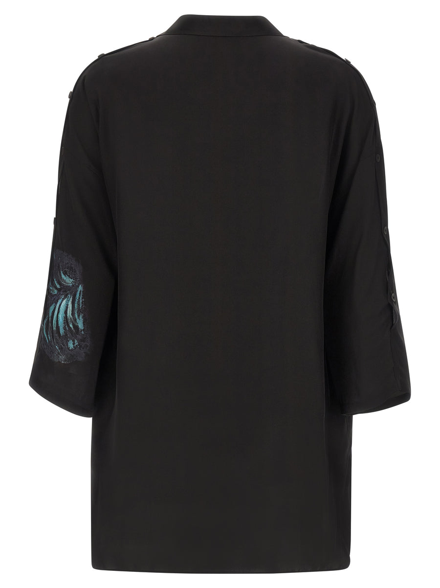 Luxurious Yohji Yamamoto Silk Shirt For Men With 12 Momme Satin Silk Front Snap Marine Inkjet Print