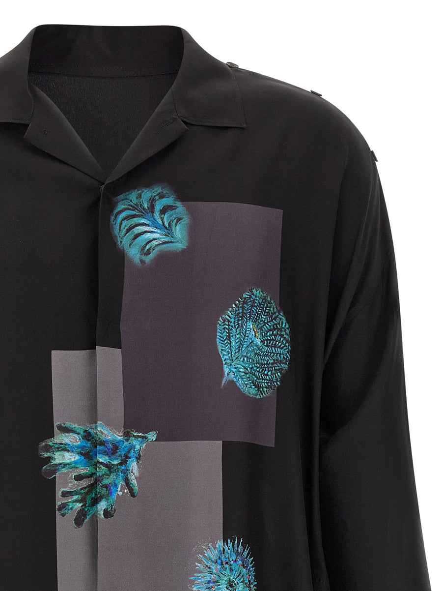 Luxurious Yohji Yamamoto Silk Shirt For Men With 12 Momme Satin Silk Front Snap Marine Inkjet Print