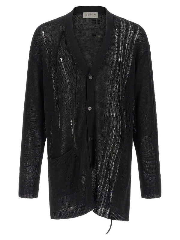 Yohji Yamamoto Lace Up Cardigan Luxury Linen Cotton Knit Leather Intarsia V Neck Front Button Menswear