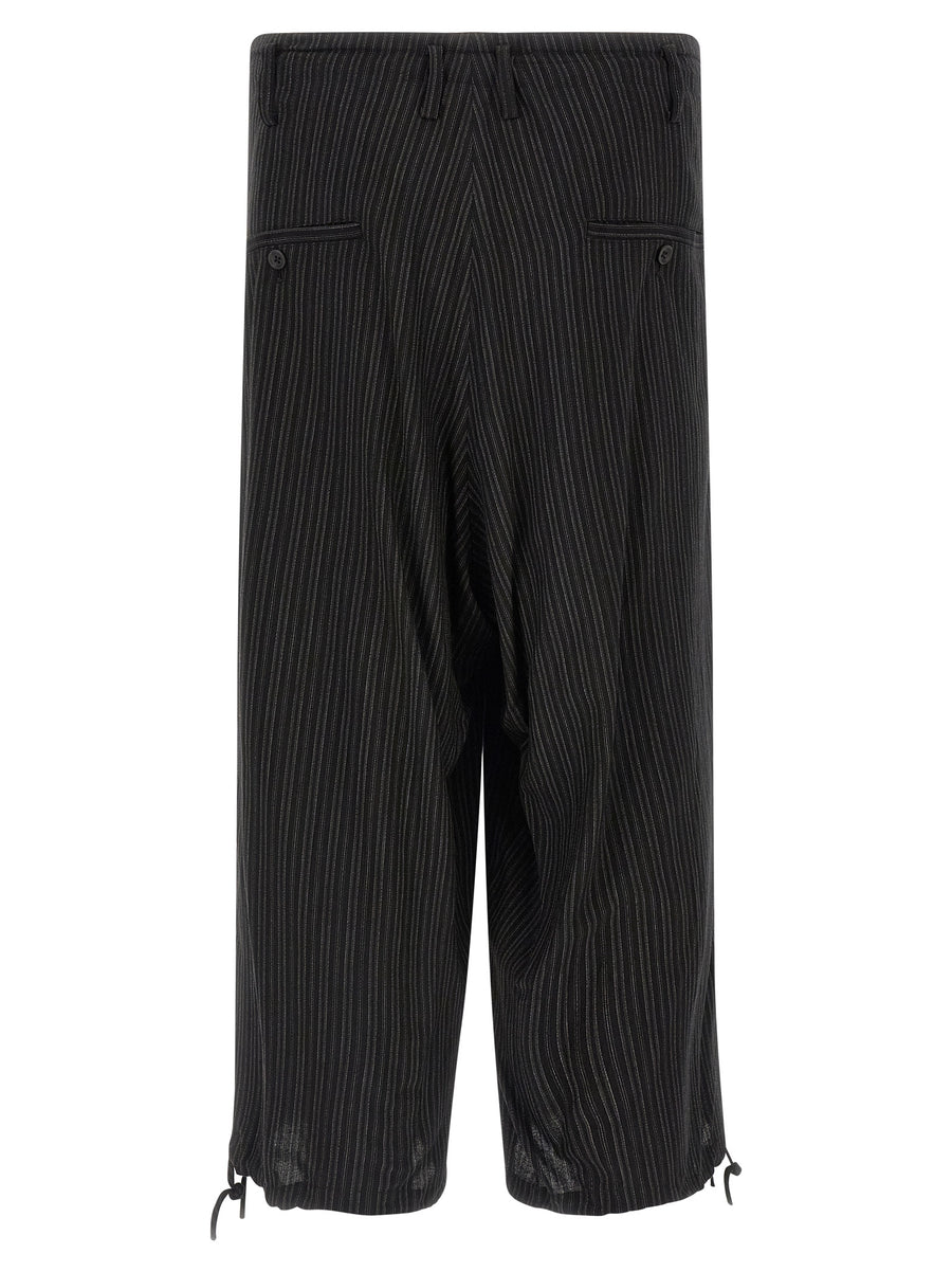 Yohji Yamamoto Extra Loose Leg Trousers For Men With Pinstripe Black Viscose Drawstring Waist And Spacious Tailoring