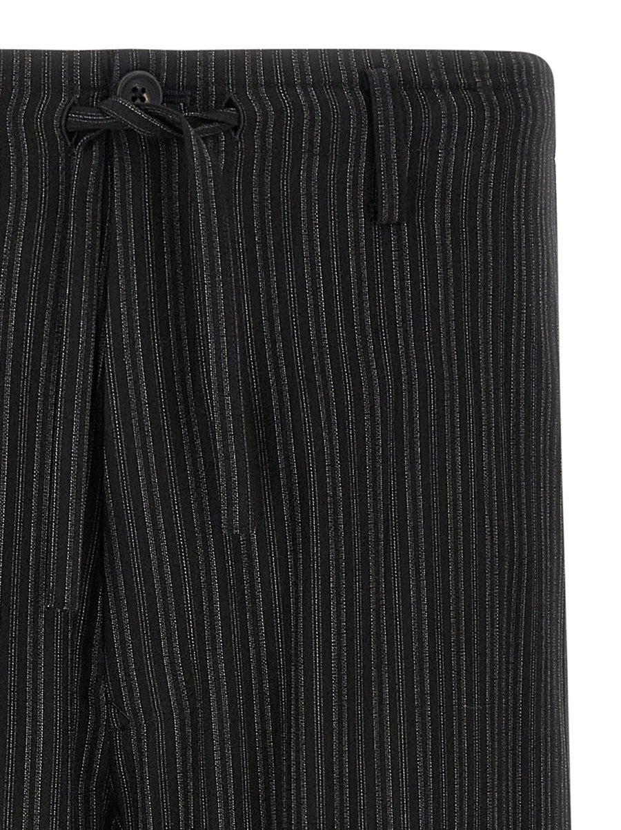 Yohji Yamamoto Extra Loose Leg Trousers For Men With Pinstripe Black Viscose Drawstring Waist And Spacious Tailoring