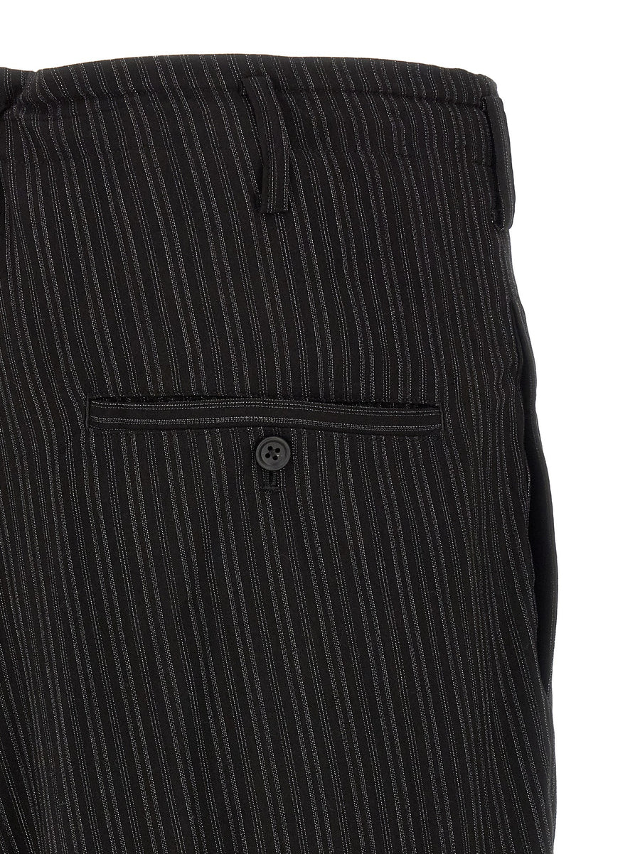Yohji Yamamoto Extra Loose Leg Trousers For Men With Pinstripe Black Viscose Drawstring Waist And Spacious Tailoring