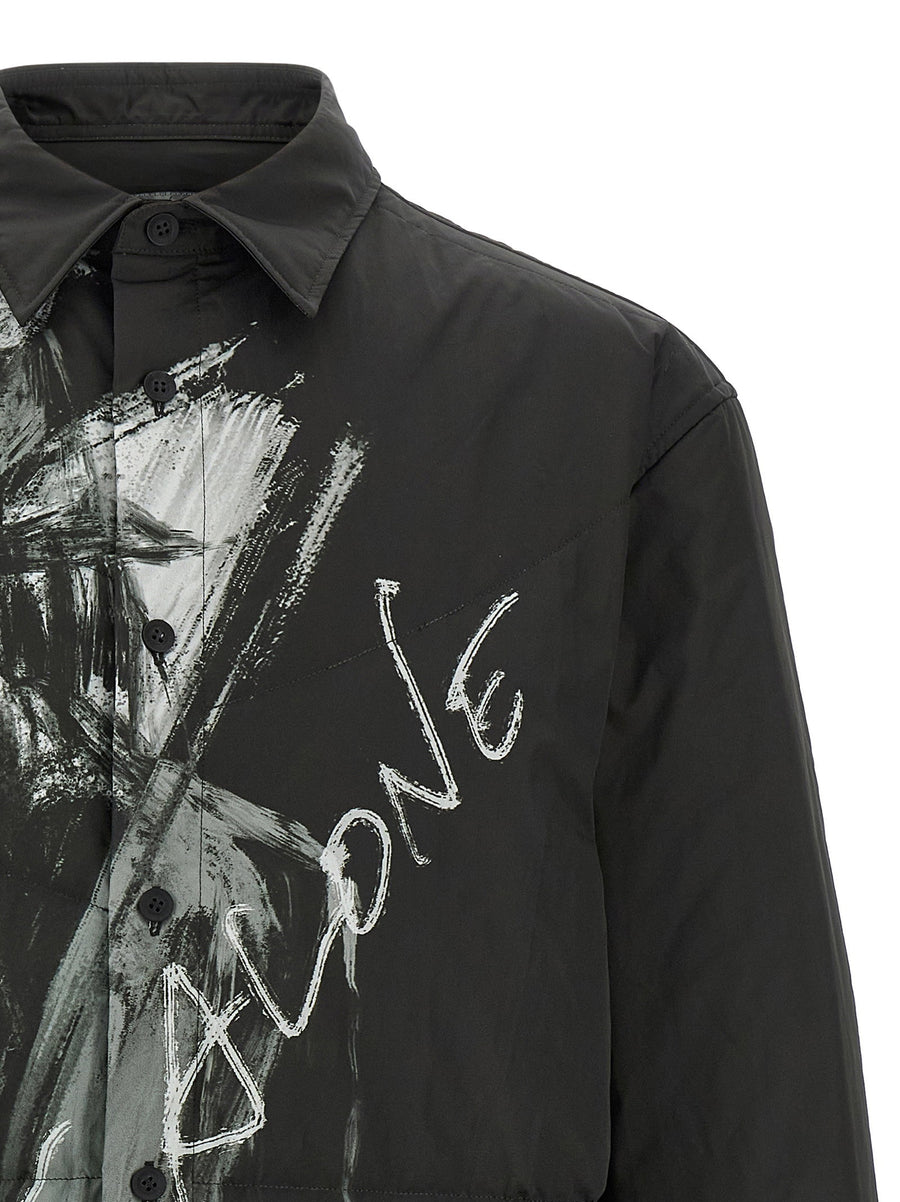 Yohji Yamamoto Padded Overshirt For Men Lightweight Warm Layer With Front Print And Structured Collar