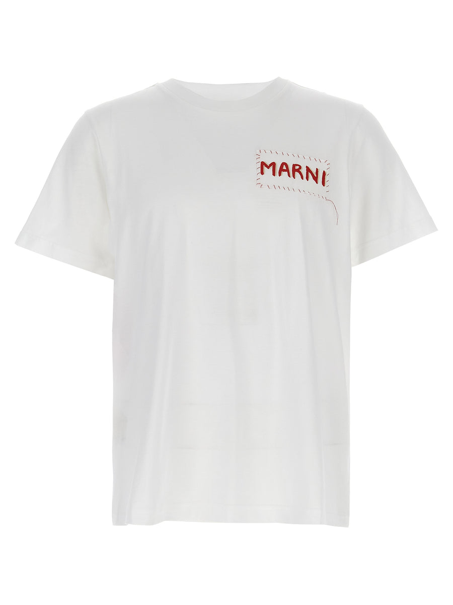 Marni Logo Patch Tee For Men White 100 Percent Cotton Crewneck Versatile Everyday Luxury