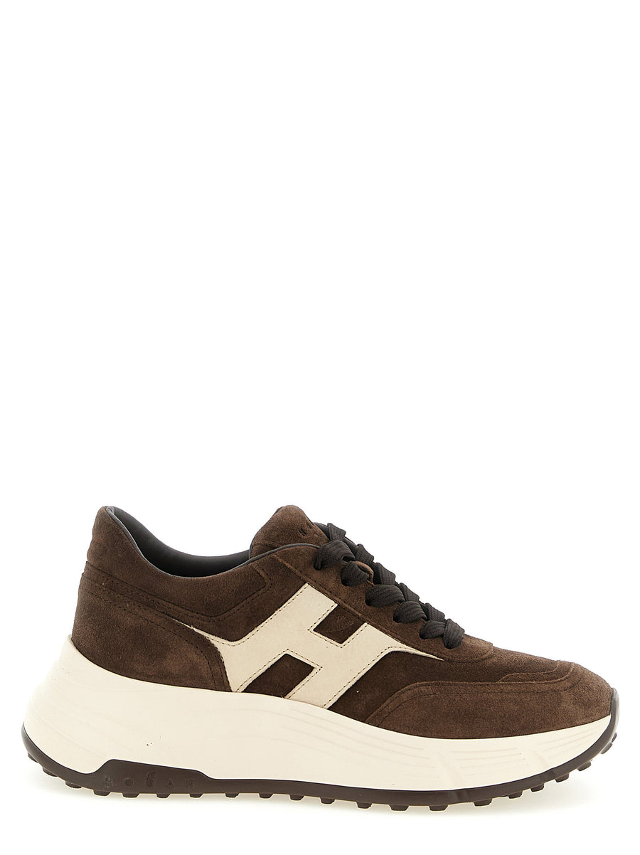 Hogan Hi Fi Brown Suede Sneakers With Cream Platform Memory Foam Comfort For Women