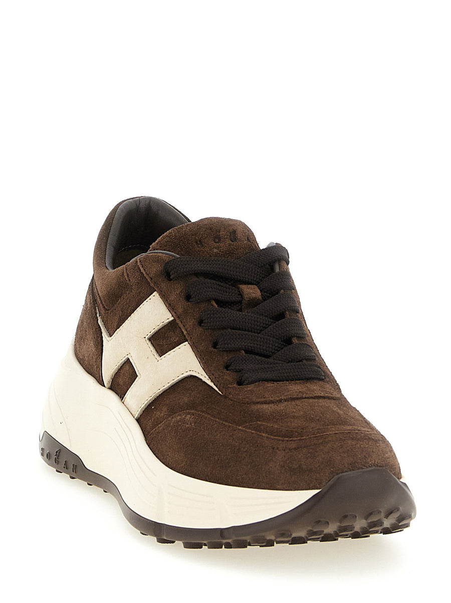Hogan Hi Fi Brown Suede Sneakers With Cream Platform Memory Foam Comfort For Women