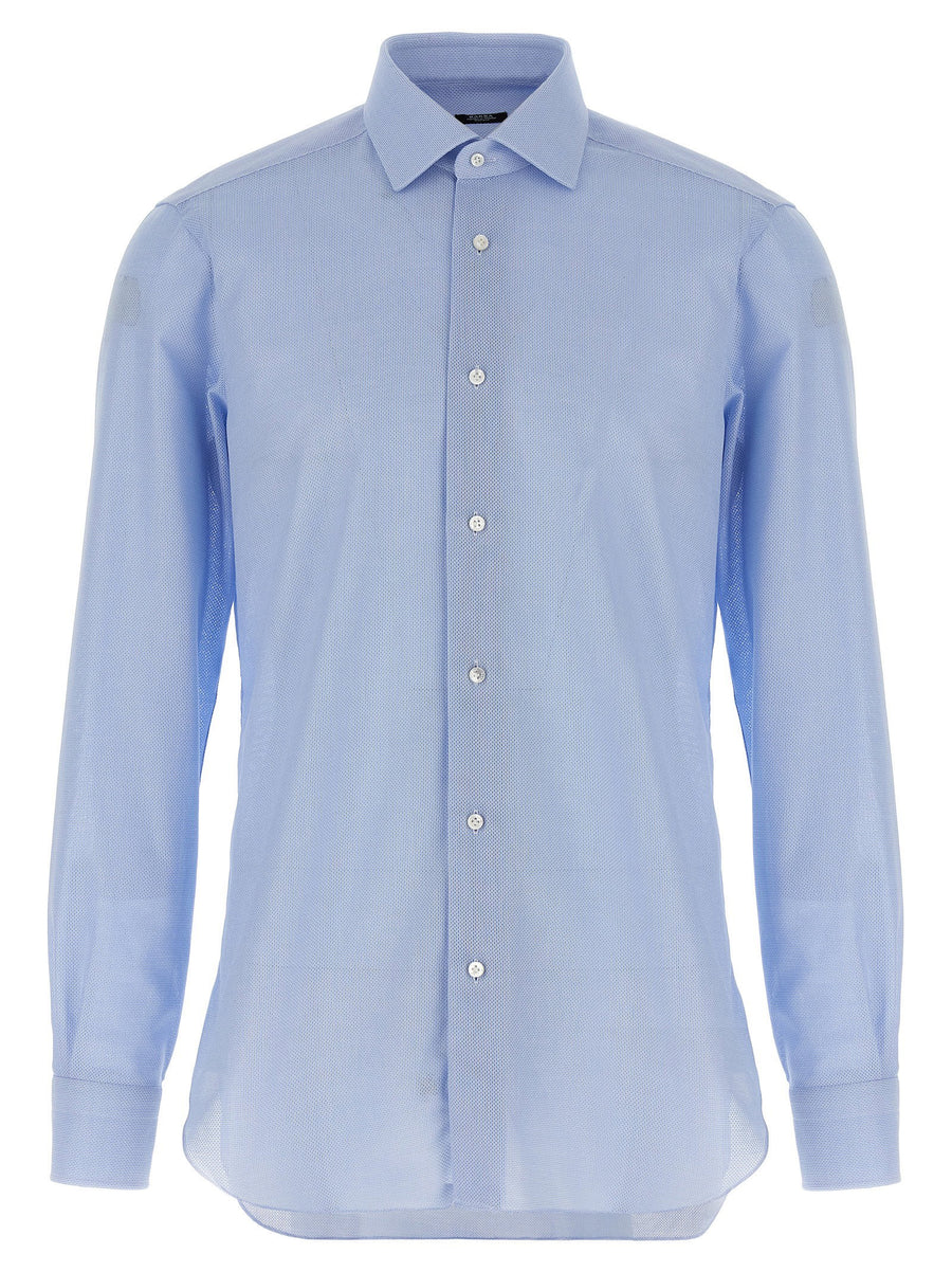 Barba Light Blue Honeycomb Cotton Shirt For Men Front Button Closure