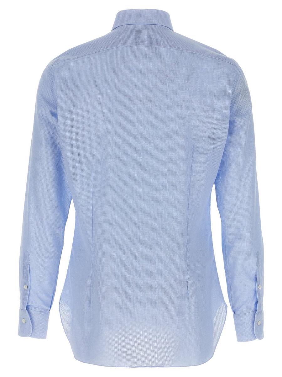 Barba Light Blue Honeycomb Cotton Shirt For Men Front Button Closure