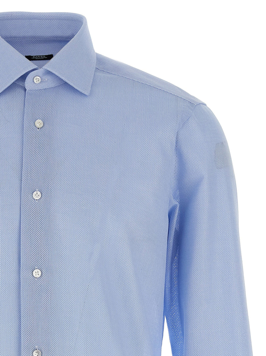 Barba Light Blue Honeycomb Cotton Shirt For Men Front Button Closure