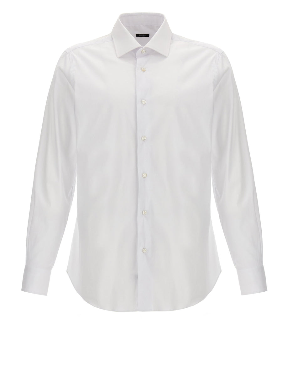 Barba White Stretch Cotton Poplin Long Sleeve Shirt With Button Closure