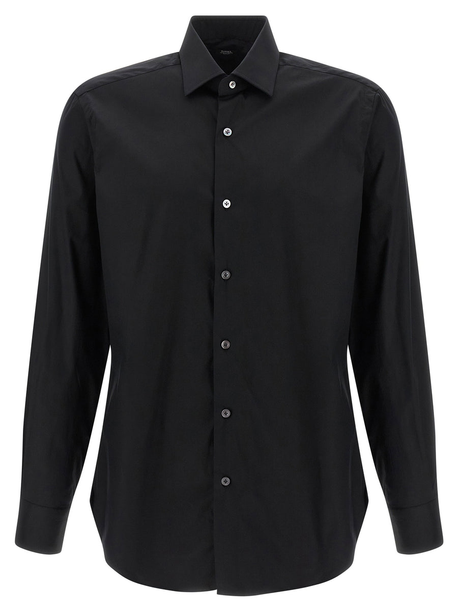 Barba Black Stretch Cotton Shirt for Men with Pearl Buttons