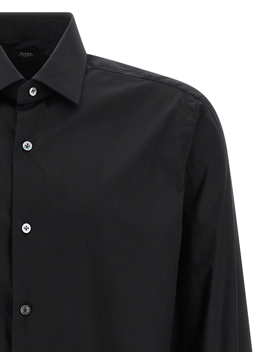 Barba Black Stretch Cotton Shirt for Men with Pearl Buttons