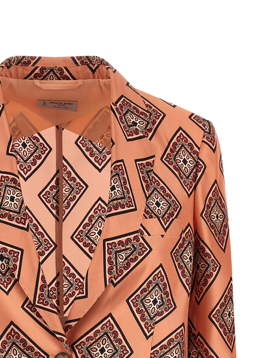 Alberto Biani Pink Silk Blazer For Women Tie Print Luxury 100 Percent Silk Elegant Officewear