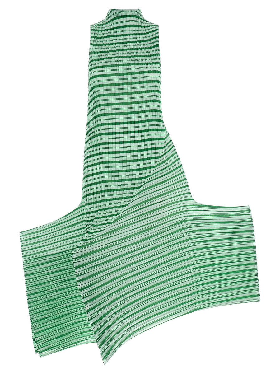 Issey Miyake Machine Pleats Striped Moire Dress Green For Women Sculptural Semi Transparent Evening Wear