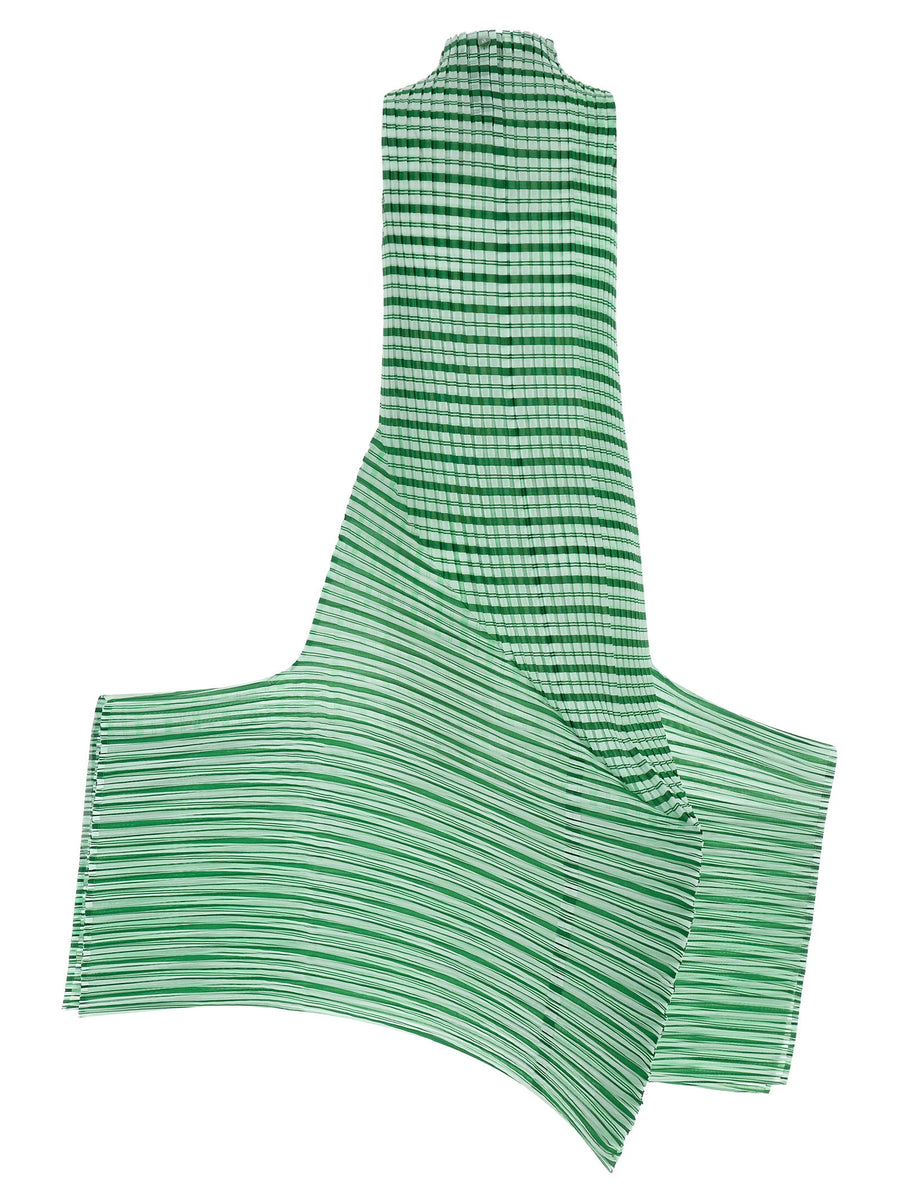 Issey Miyake Machine Pleats Striped Moire Dress Green For Women Sculptural Semi Transparent Evening Wear