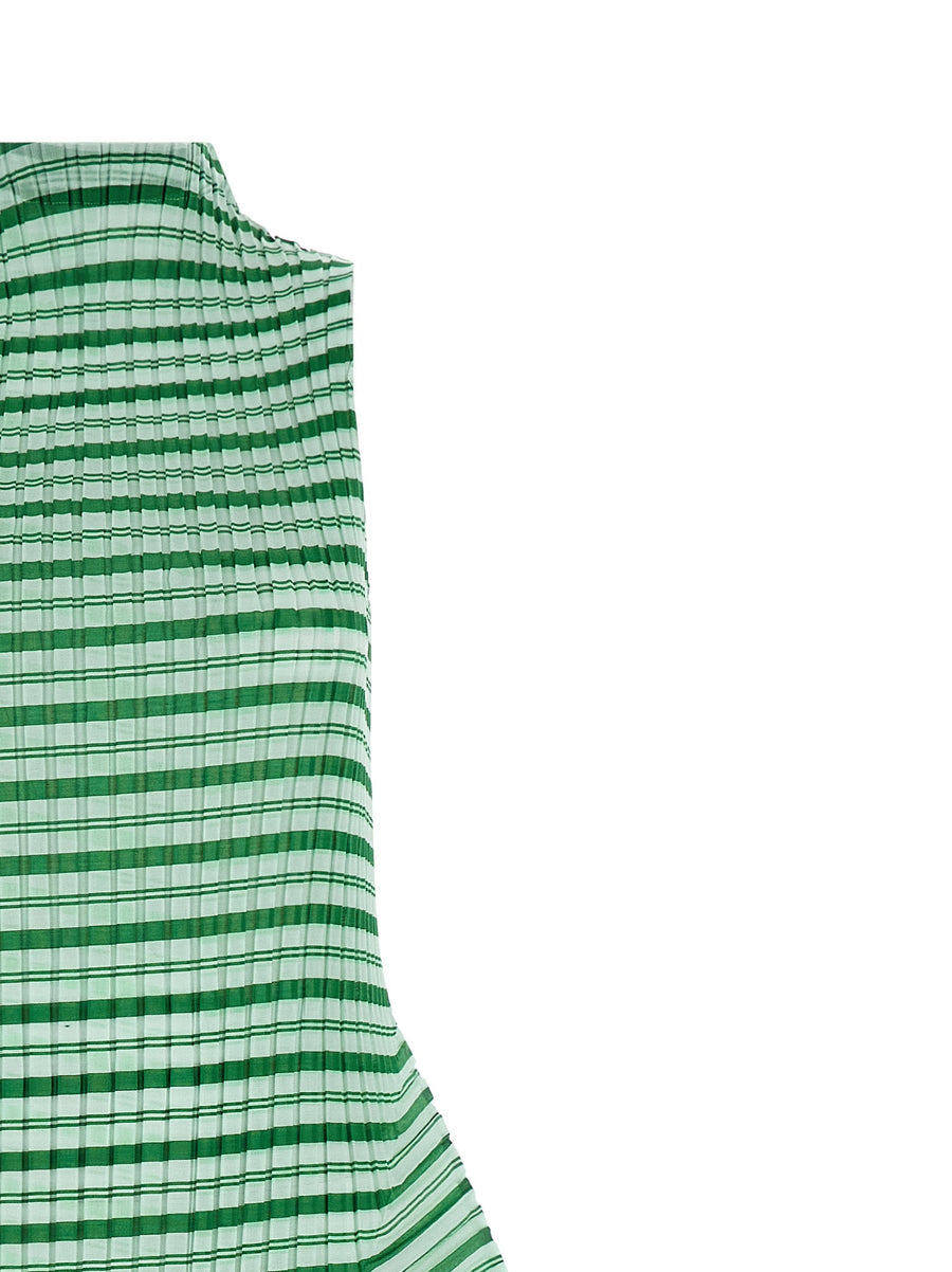 Issey Miyake Machine Pleats Striped Moire Dress Green For Women Sculptural Semi Transparent Evening Wear
