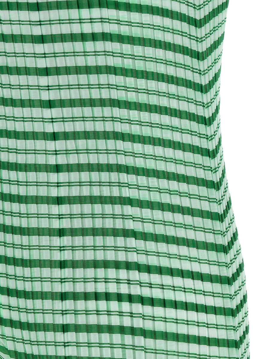 Issey Miyake Machine Pleats Striped Moire Dress Green For Women Sculptural Semi Transparent Evening Wear