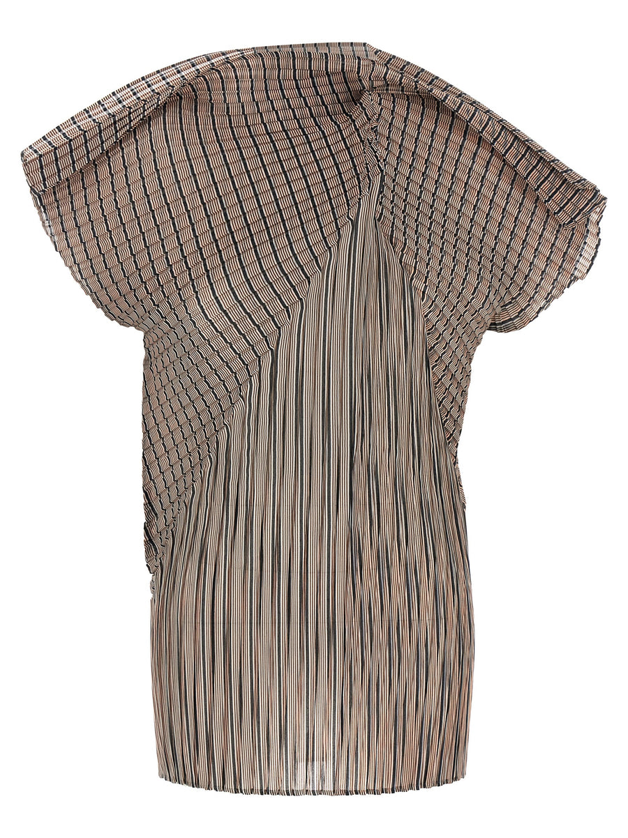 Issey Miyake Machine Pleats Striped Moire Top For Women Architectural Semi Transparent Brown