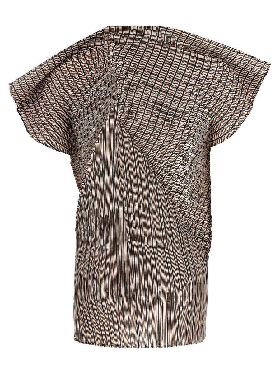 Issey Miyake Machine Pleats Striped Moire Top For Women Architectural Semi Transparent Brown