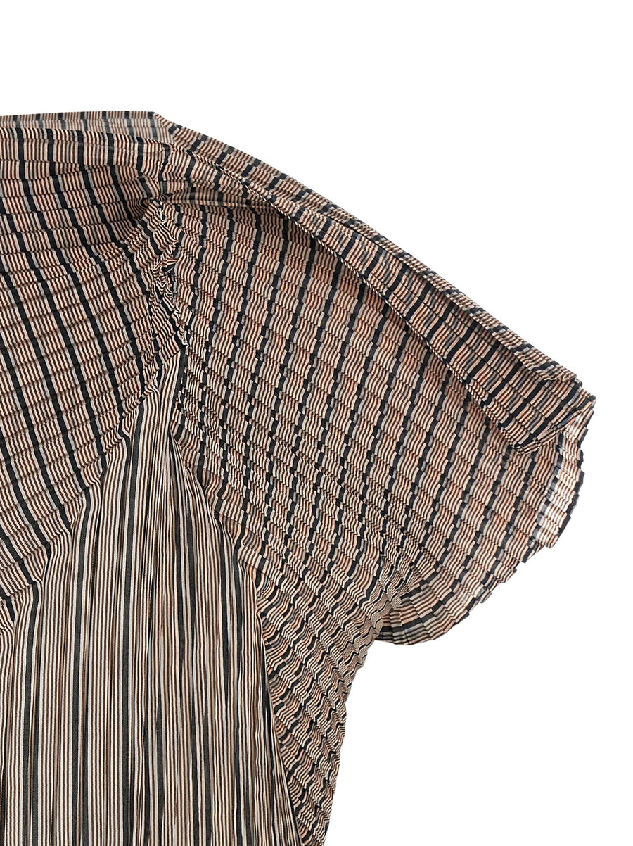 Issey Miyake Machine Pleats Striped Moire Top For Women Architectural Semi Transparent Brown