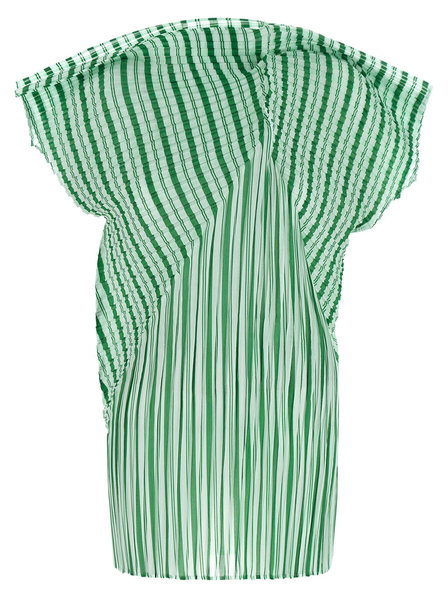 Issey Miyake Machine Pleats Top For Women Green Architectural Semi Transparent Stripes
