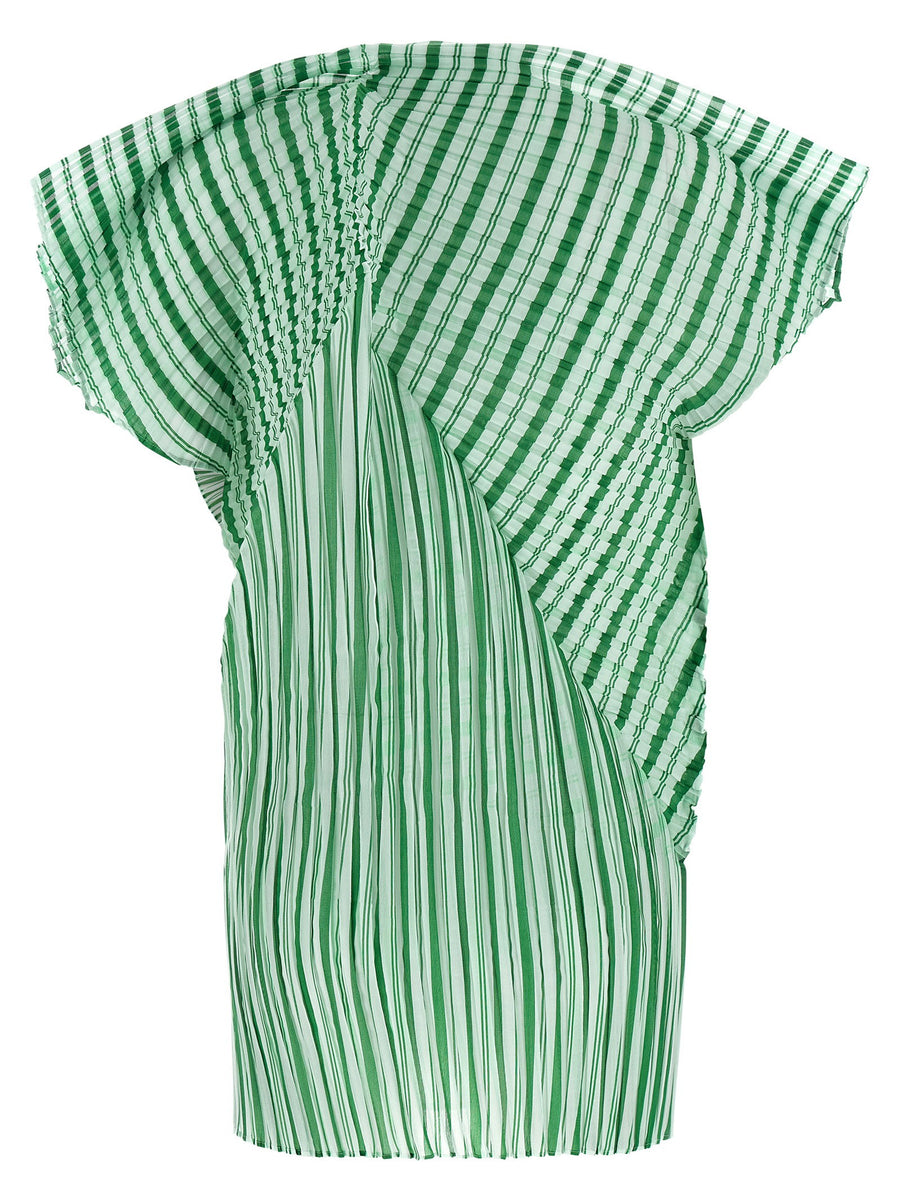 Issey Miyake Machine Pleats Top For Women Green Architectural Semi Transparent Stripes