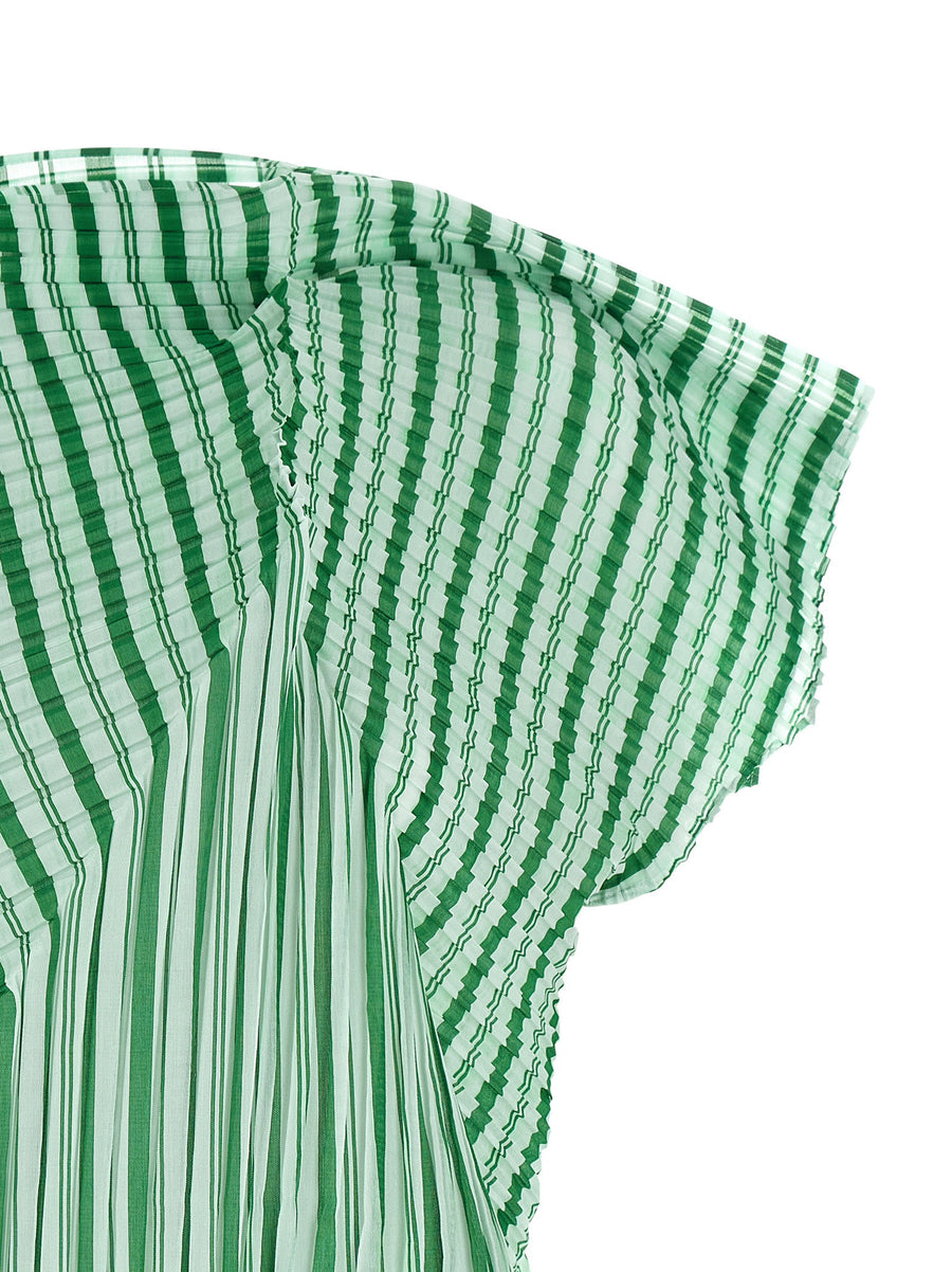 Issey Miyake Machine Pleats Top For Women Green Architectural Semi Transparent Stripes