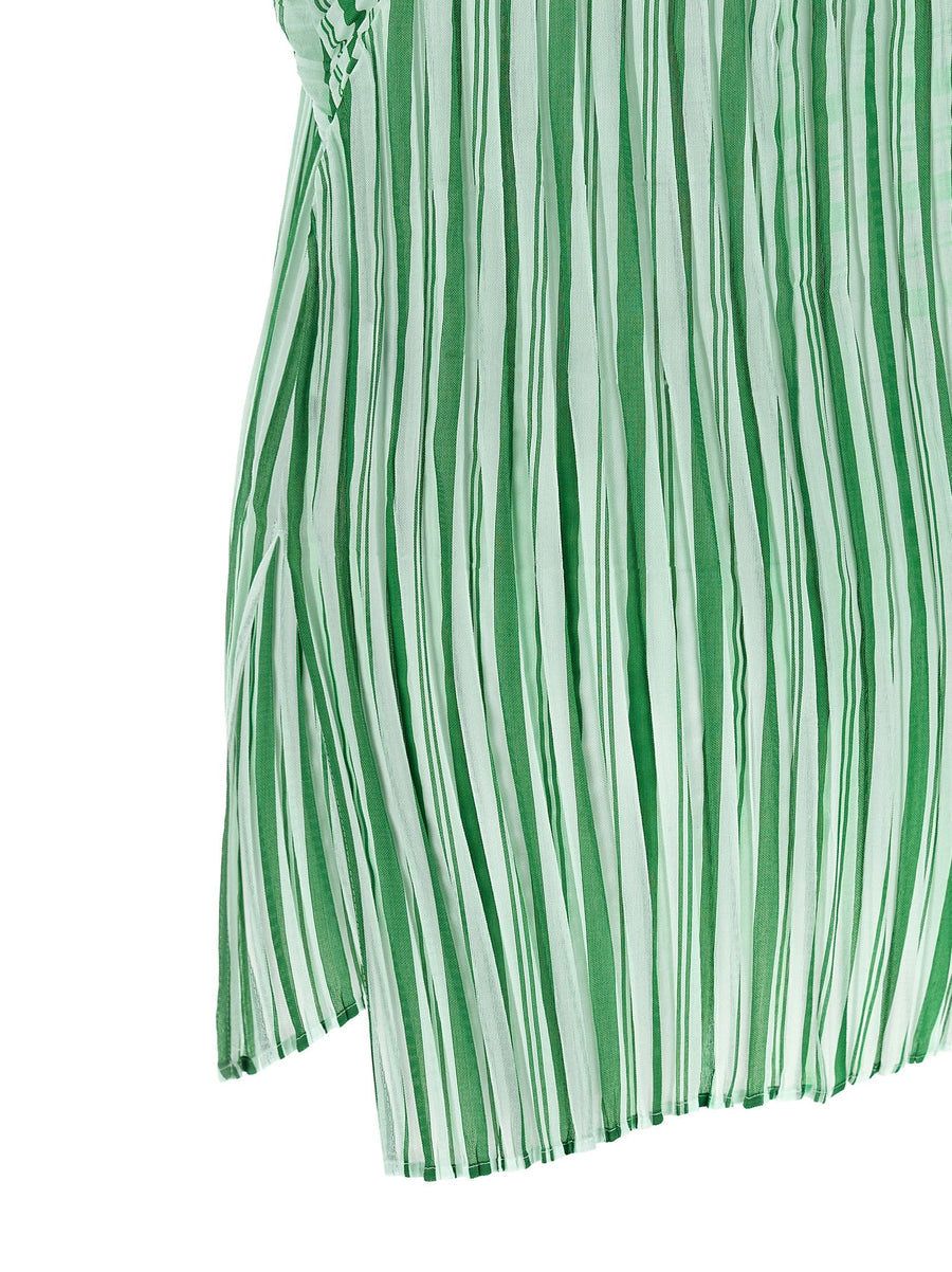 Issey Miyake Machine Pleats Top For Women Green Architectural Semi Transparent Stripes