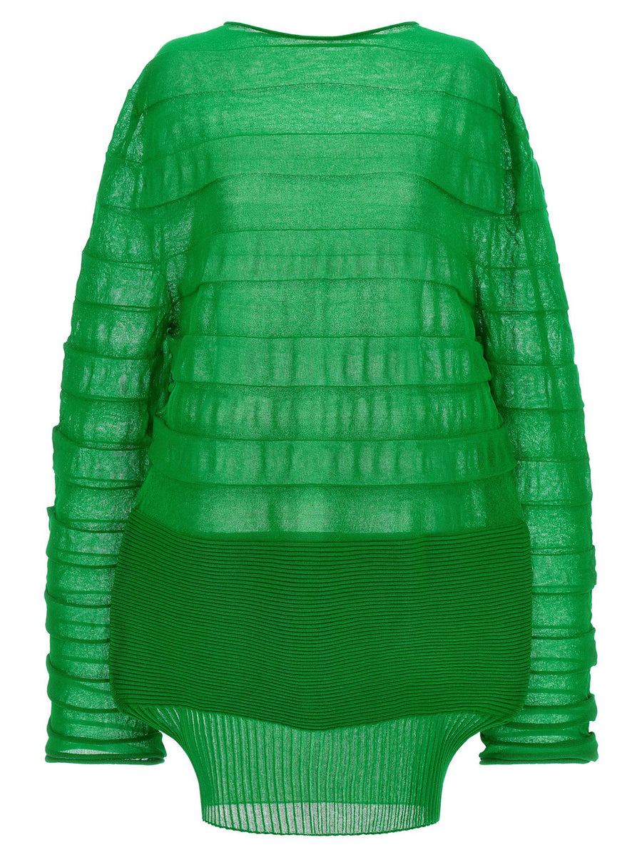 Issey Miyake Moving Knit Top Sculptural Lightweight Green For Women With Asymmetrical Hem And Round Neck