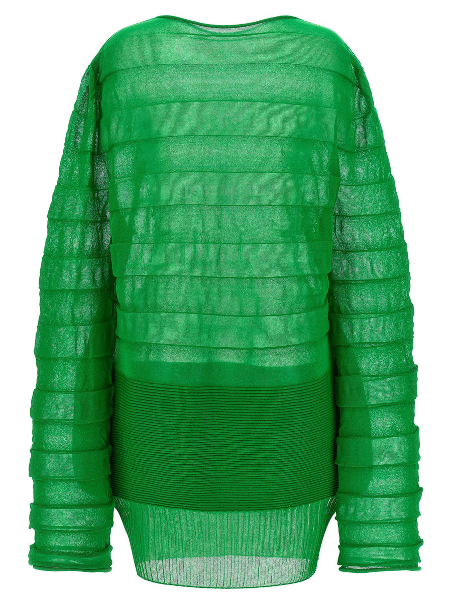Issey Miyake Moving Knit Top Sculptural Lightweight Green For Women With Asymmetrical Hem And Round Neck