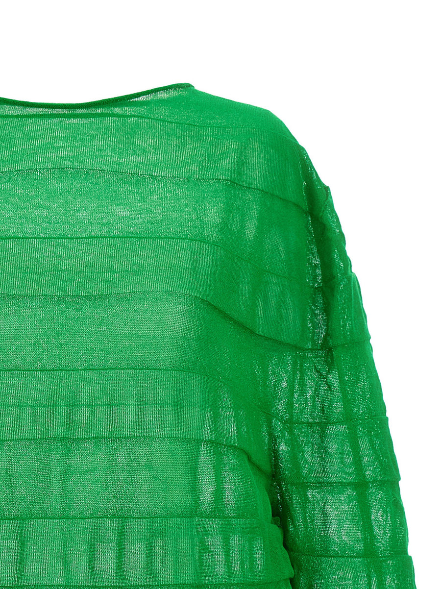 Issey Miyake Moving Knit Top Sculptural Lightweight Green For Women With Asymmetrical Hem And Round Neck