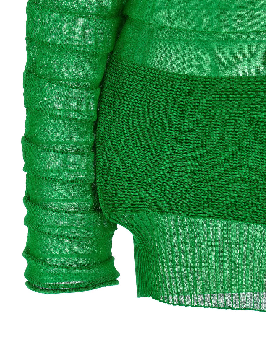 Issey Miyake Moving Knit Top Sculptural Lightweight Green For Women With Asymmetrical Hem And Round Neck