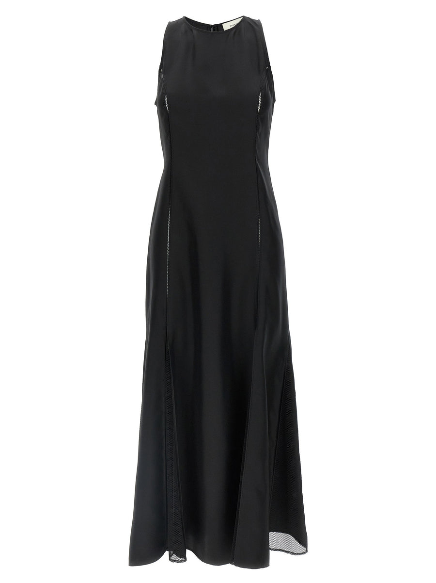 Loulou De Saison Iraka Silk Twill Midi Dress Black Lace Inserts
