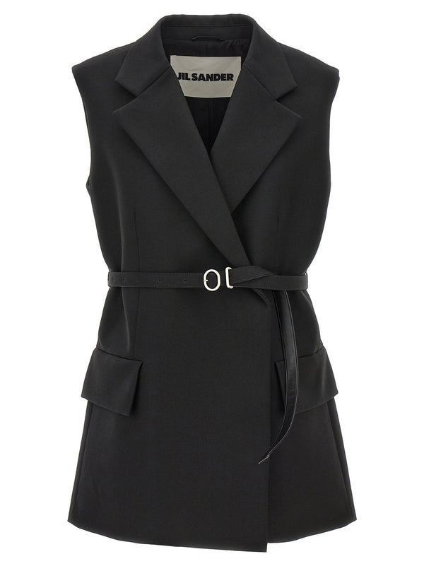 Jil Sander Wool Vest For Women With Removable Belt Padded Shoulders Double Breasted Oversized Luxury