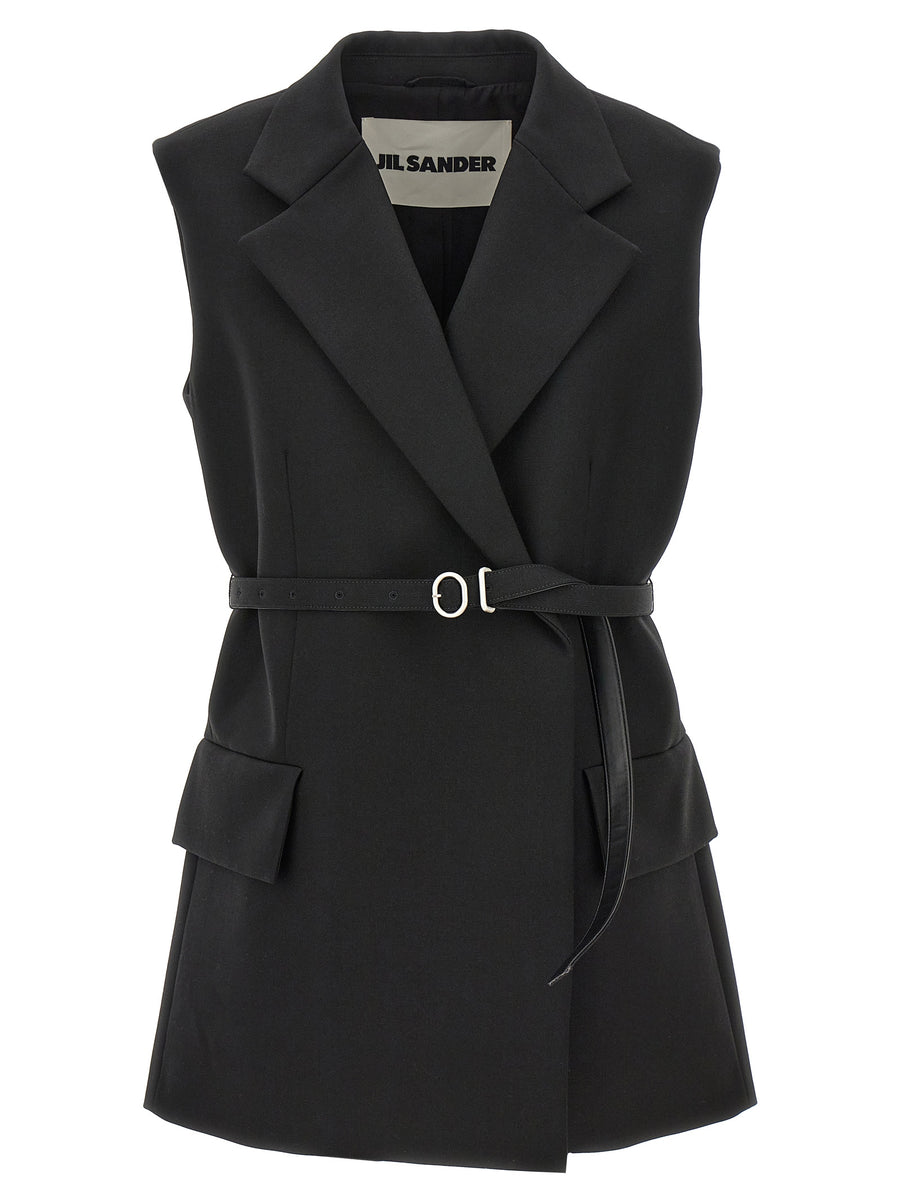 Jil Sander Wool Vest For Women With Removable Belt Padded Shoulders Double Breasted Oversized Luxury