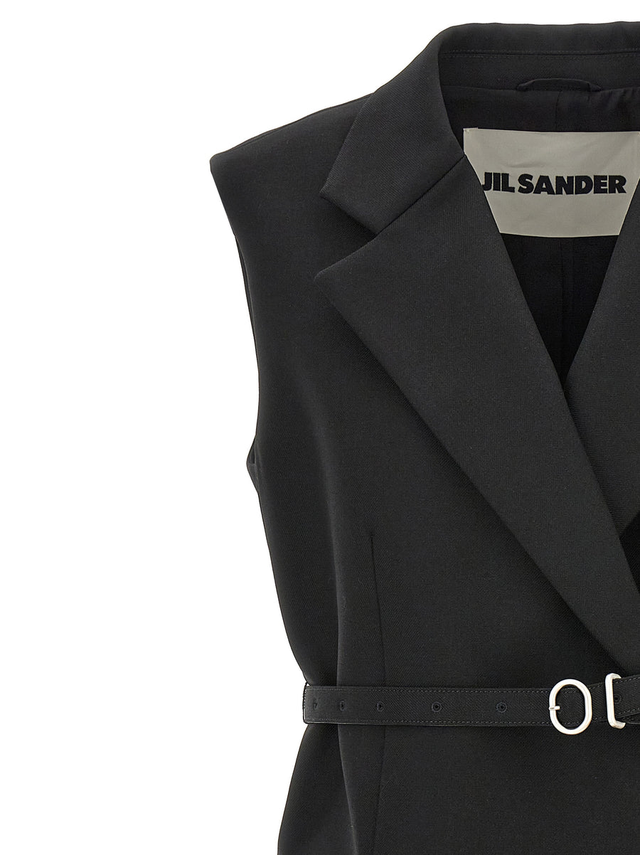Jil Sander Wool Vest For Women With Removable Belt Padded Shoulders Double Breasted Oversized Luxury