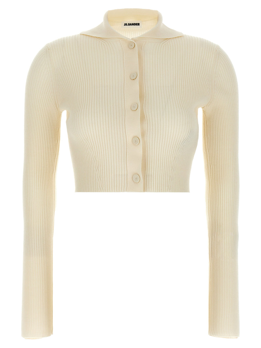 Jil Sander Ribbed Cardigan For Women, Cropped White Knit, Minimalist Luxury Layering Piece