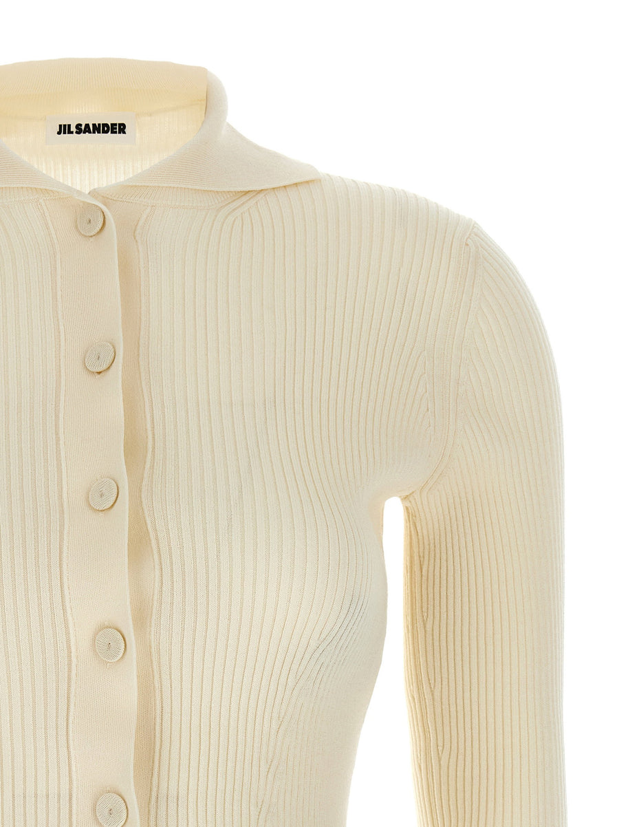 Jil Sander Ribbed Cardigan For Women, Cropped White Knit, Minimalist Luxury Layering Piece