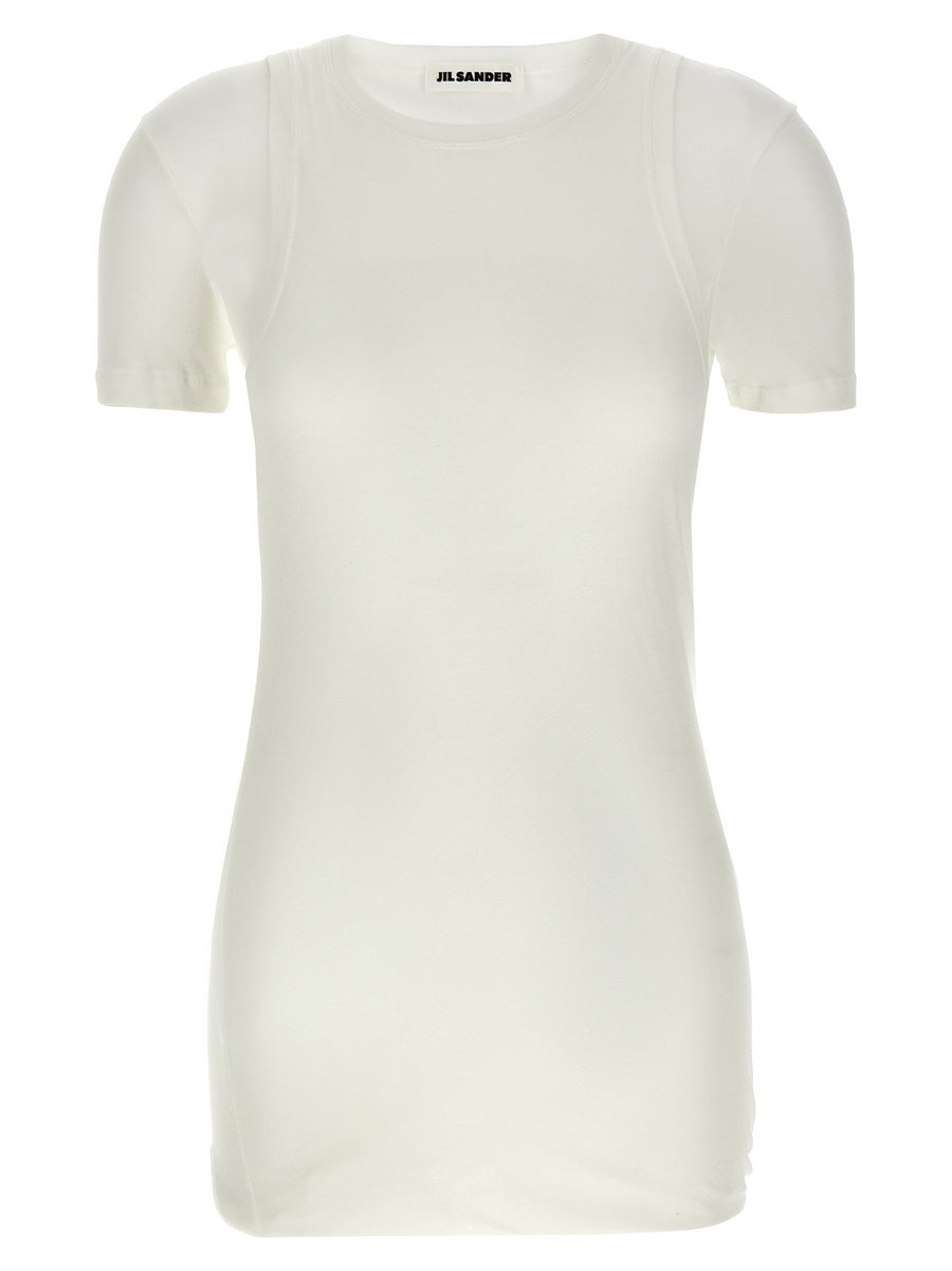 Jil Sander T Shirt White Cotton With Double Layer Overlay And Crew Neck For Women Luxury