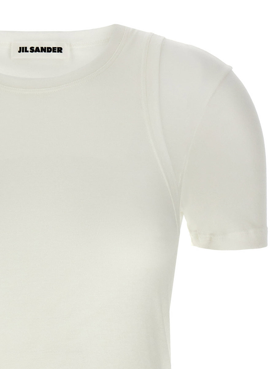 Jil Sander T Shirt White Cotton With Double Layer Overlay And Crew Neck For Women Luxury