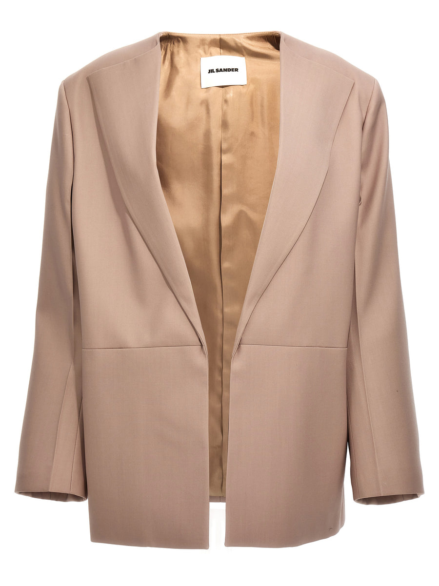 Jil Sander Single Breasted Wool Blazer For Women Oversized Open Front Beige With Flat Lapels Premium Luxury