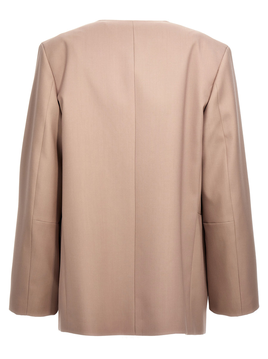 Jil Sander Single Breasted Wool Blazer For Women Oversized Open Front Beige With Flat Lapels Premium Luxury