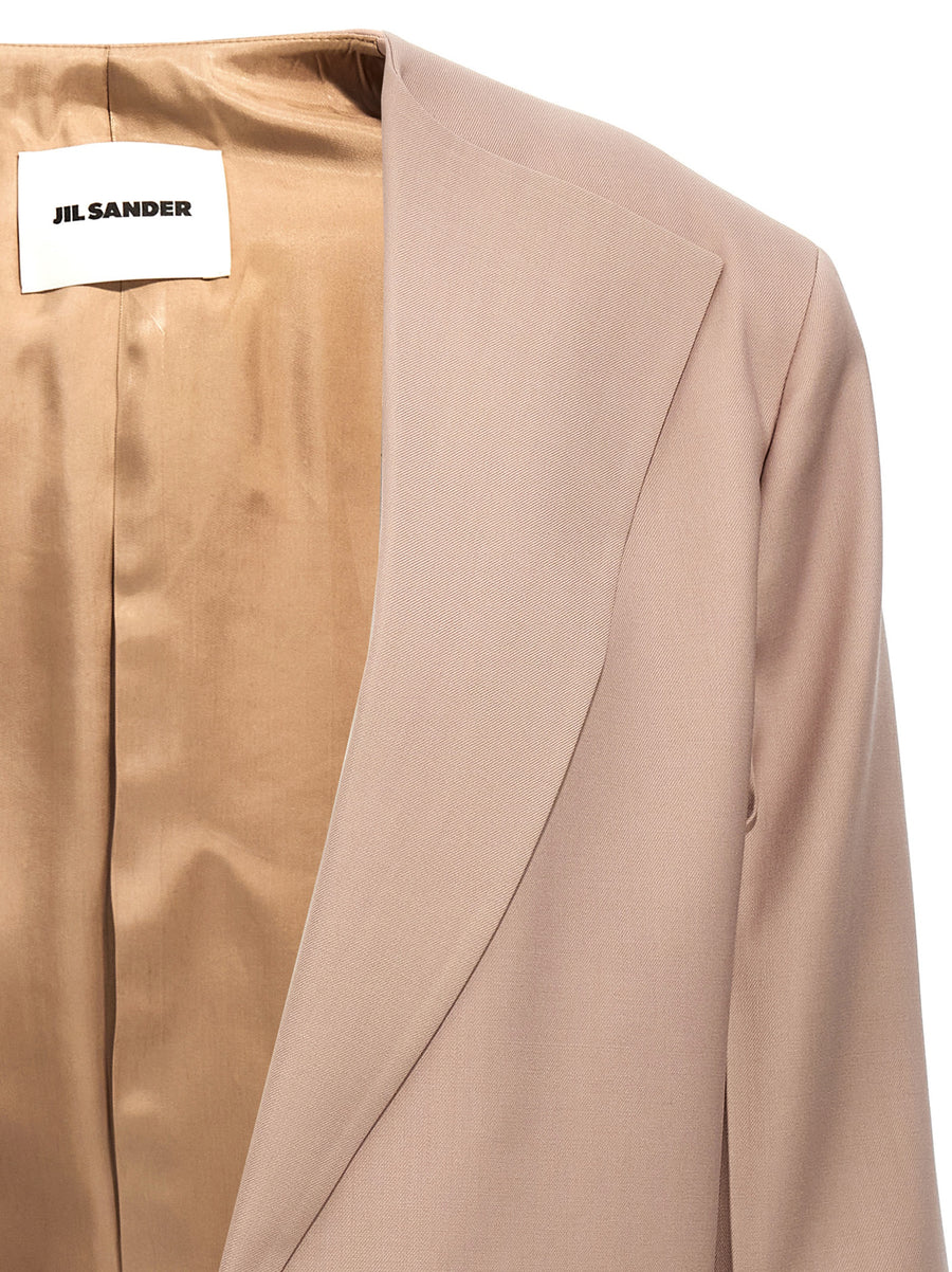 Jil Sander Single Breasted Wool Blazer For Women Oversized Open Front Beige With Flat Lapels Premium Luxury